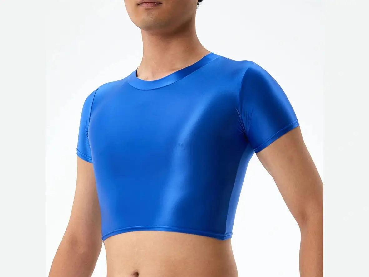 Royal blue high-shine short sleeve crop top with reflective light highlights