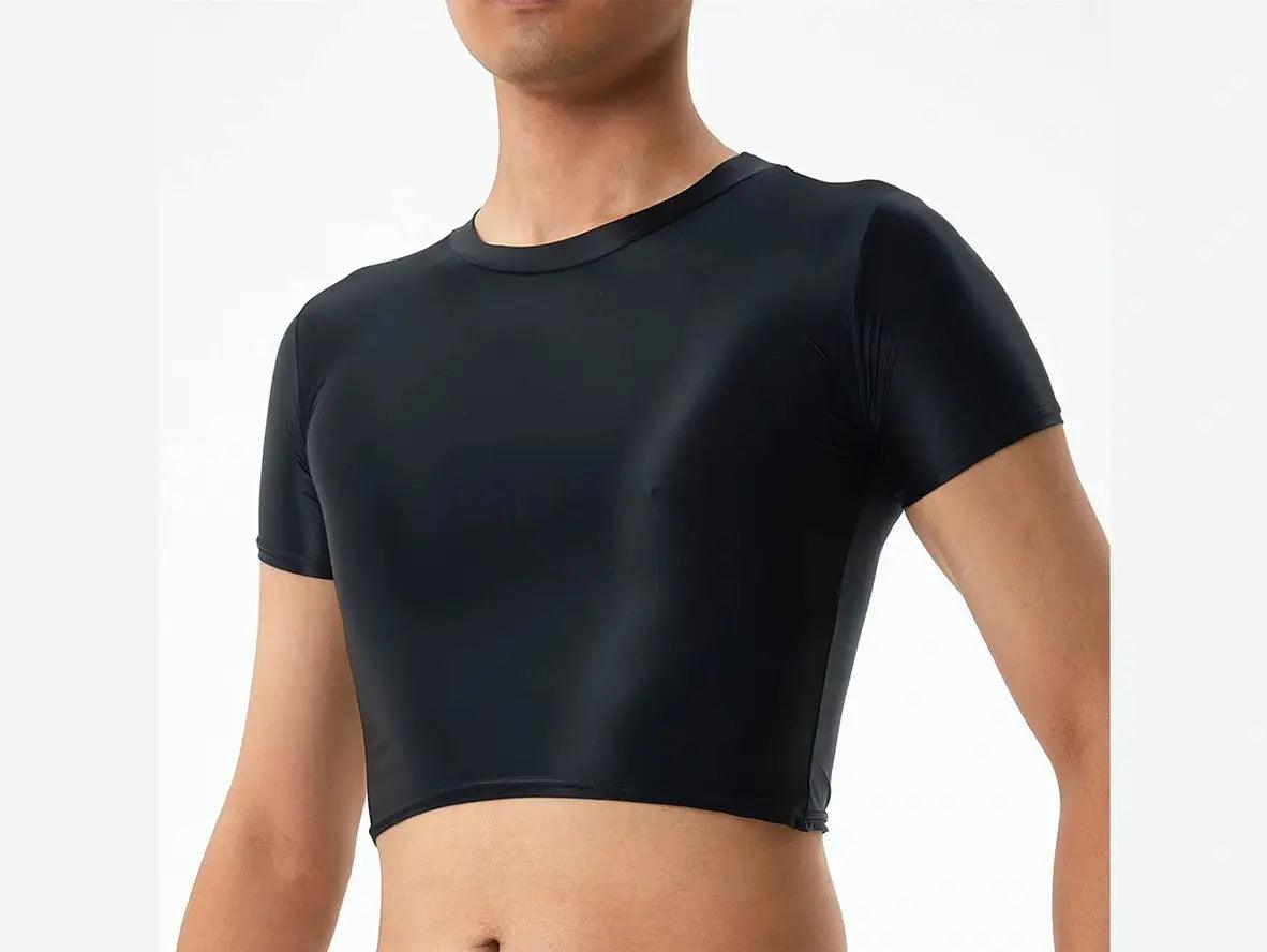 Black glossy short sleeve crop top for men with shiny spandex nylon finish