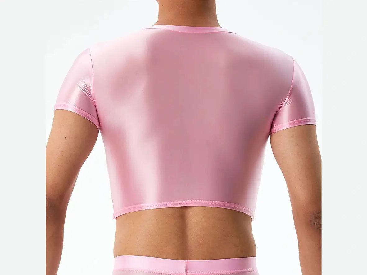 Back view of soft pink seamless glossy crop top with waistband detail