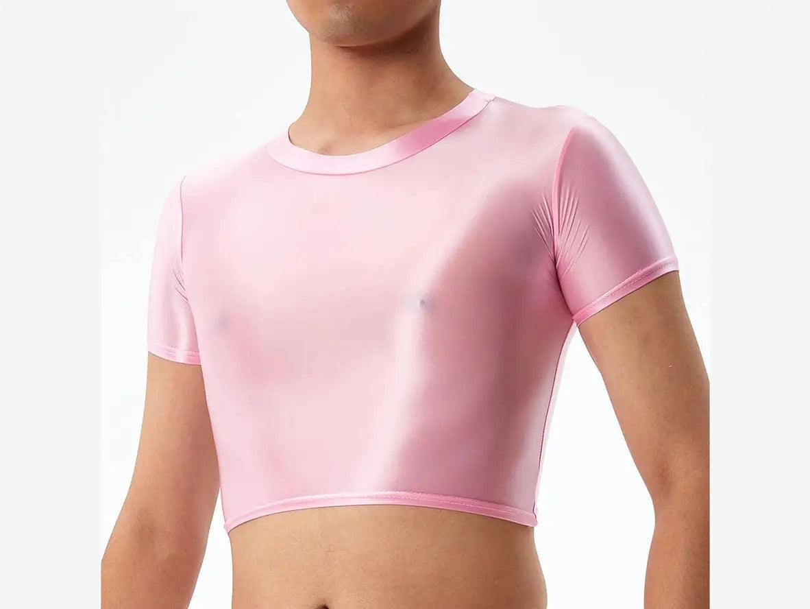 Soft pink lustrous short sleeve crop top with smooth satin-like texture