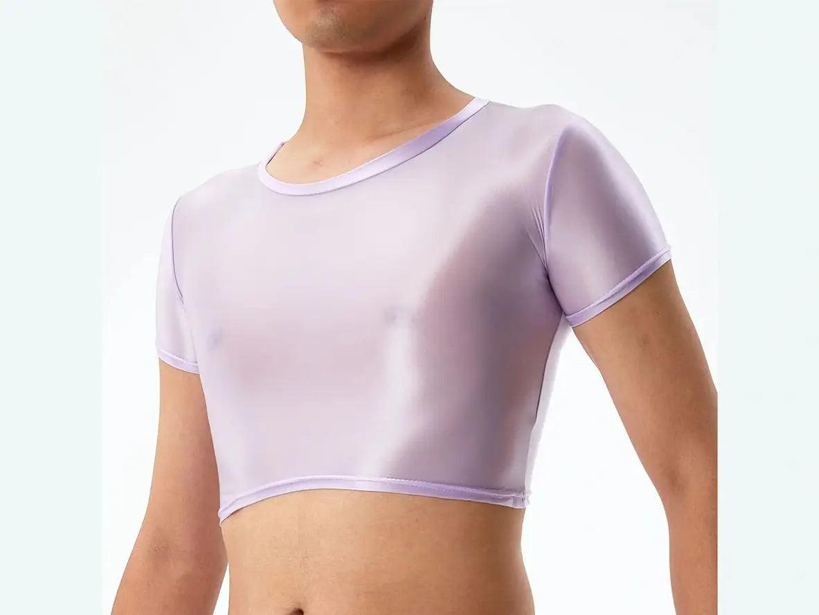 Lavender high-gloss short sleeve crop top showing vibrant color and stretch fit
