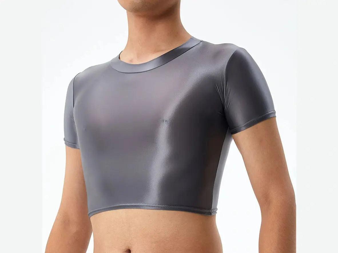 Charcoal gray high-luster stretch crop top with pronounced side reflections