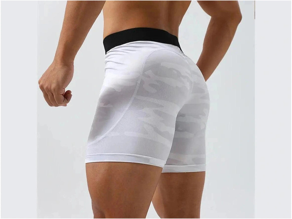 Men's white and gray camouflage mid-rise training compression shorts