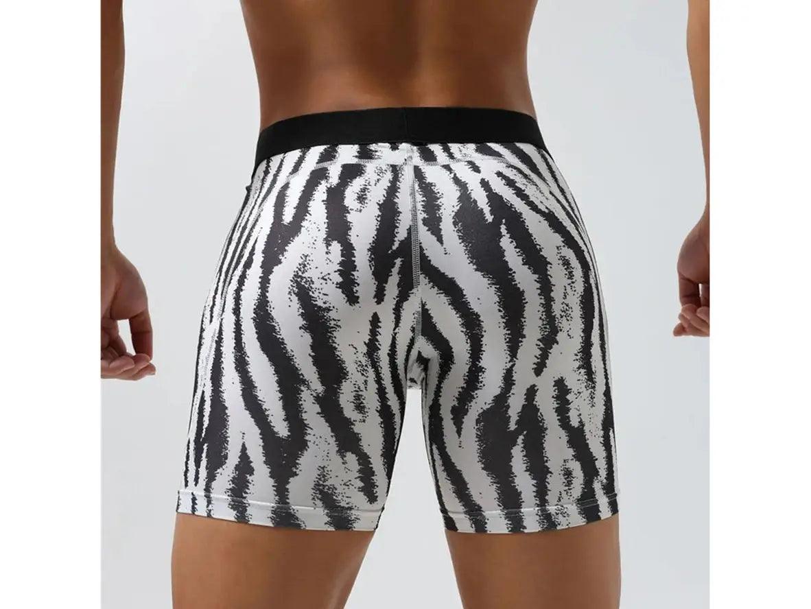 Men's black and white zebra stripe mid-rise compression gym shorts