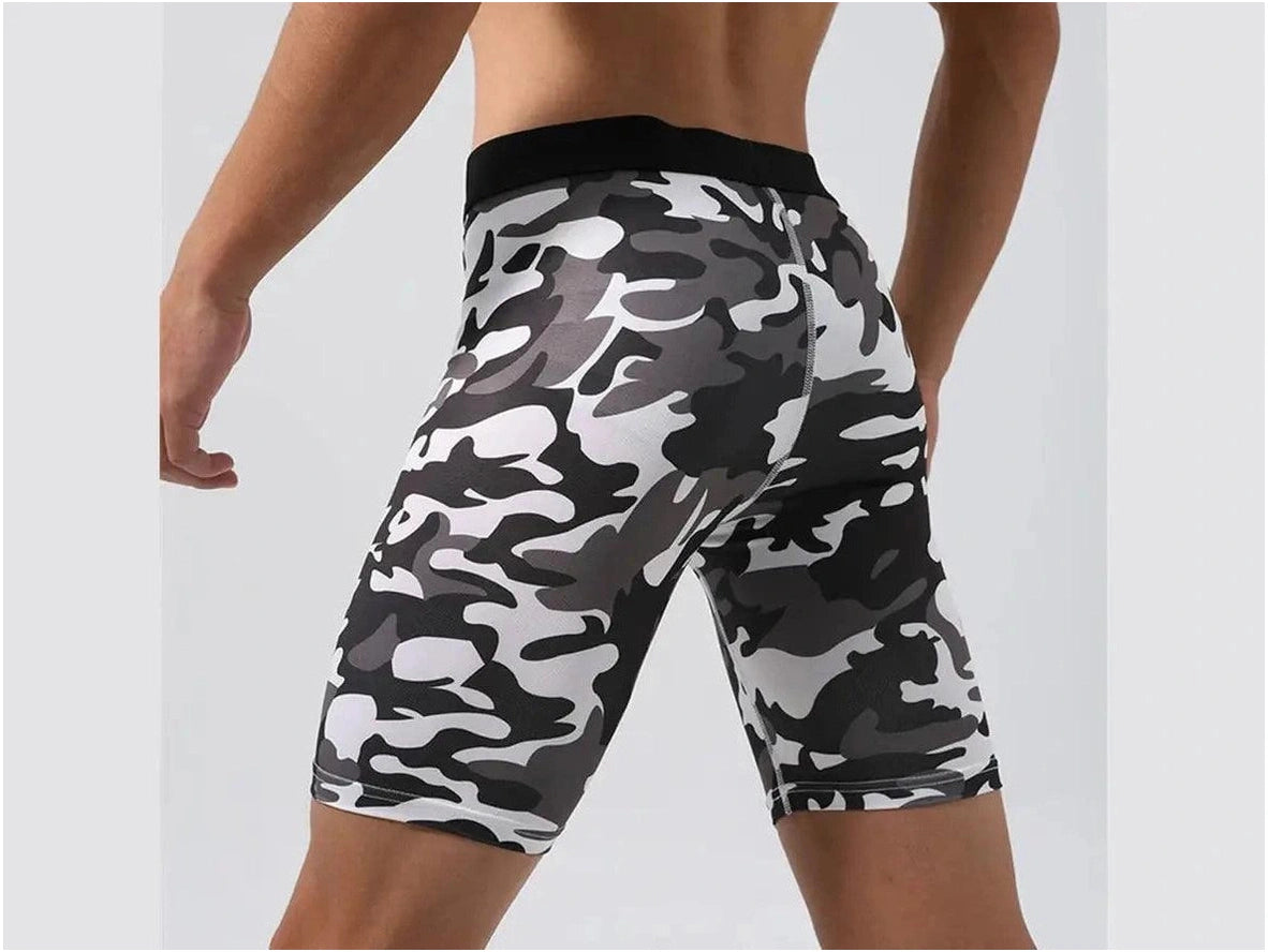 Men's black, white, and gray camo pattern compression base layer shorts
