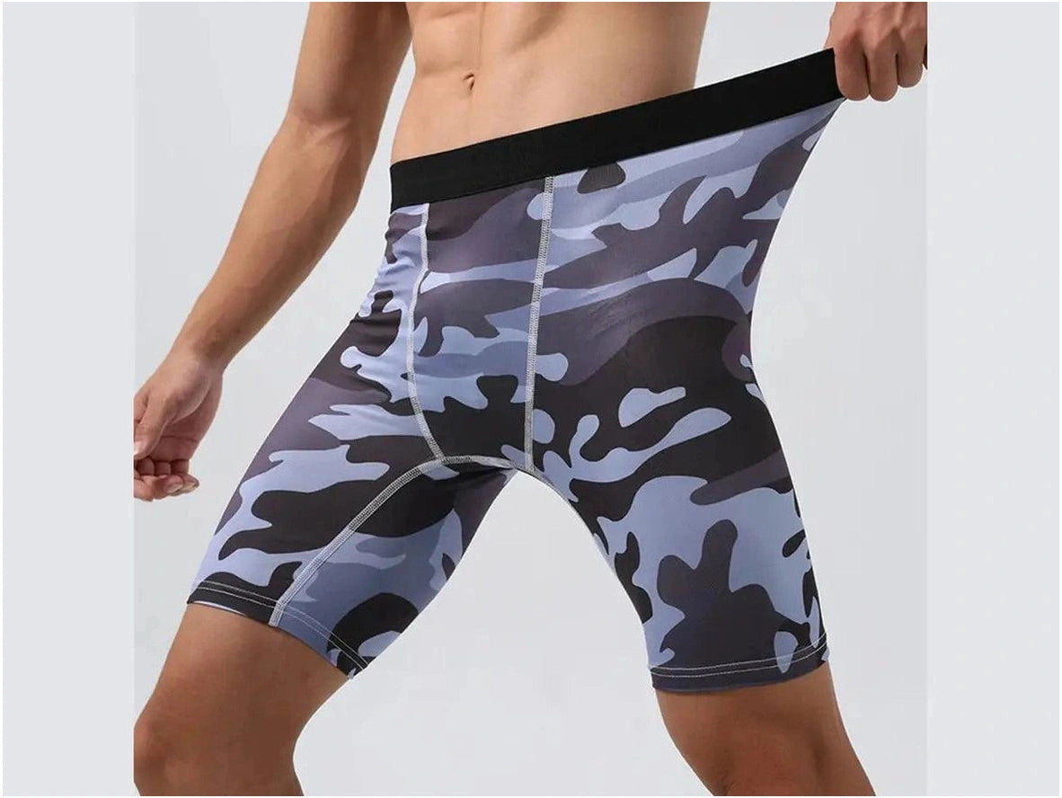 Men's blue, gray, and black camo print stretchy compression shorts