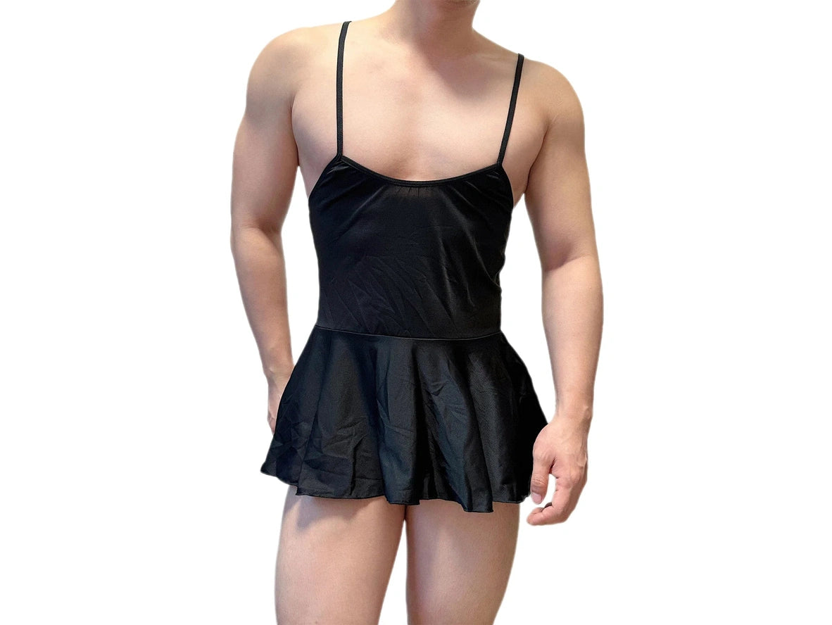 Black men's sleeveless sleep slip nightdress with gathered waist