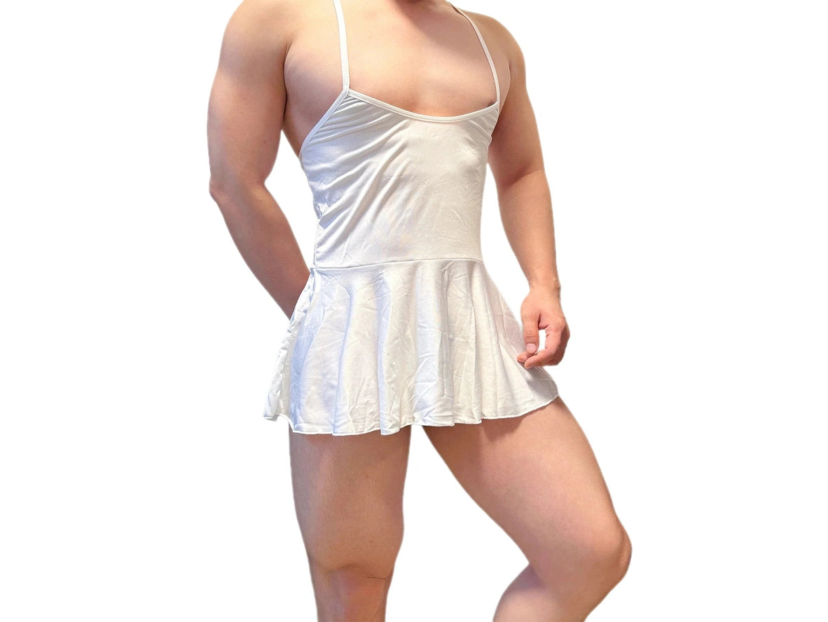 White men's polyester slip nightdress with spaghetti straps and flared skirt