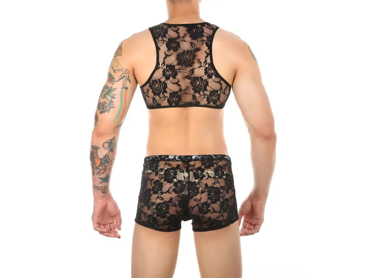 Gay Lingerie | CLEVER-MENMODE Underwear Male Floral Lace Bra + Boxer Briefs