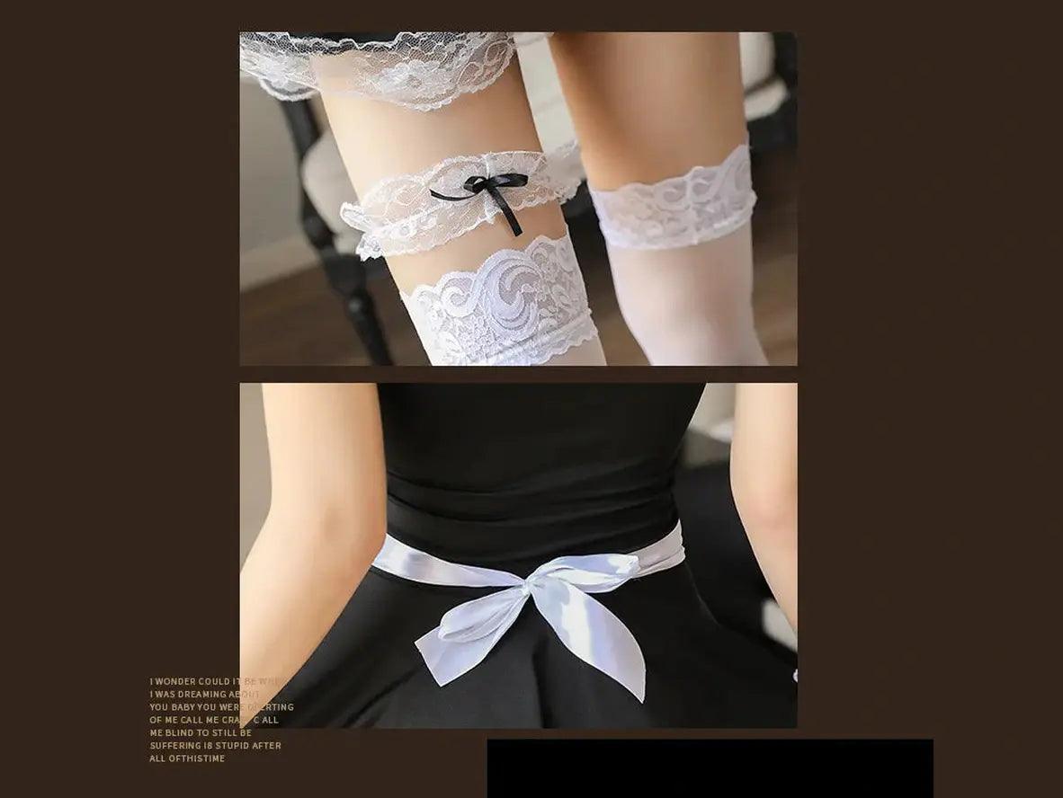 White lace garters and back satin ribbon waist tie detail
