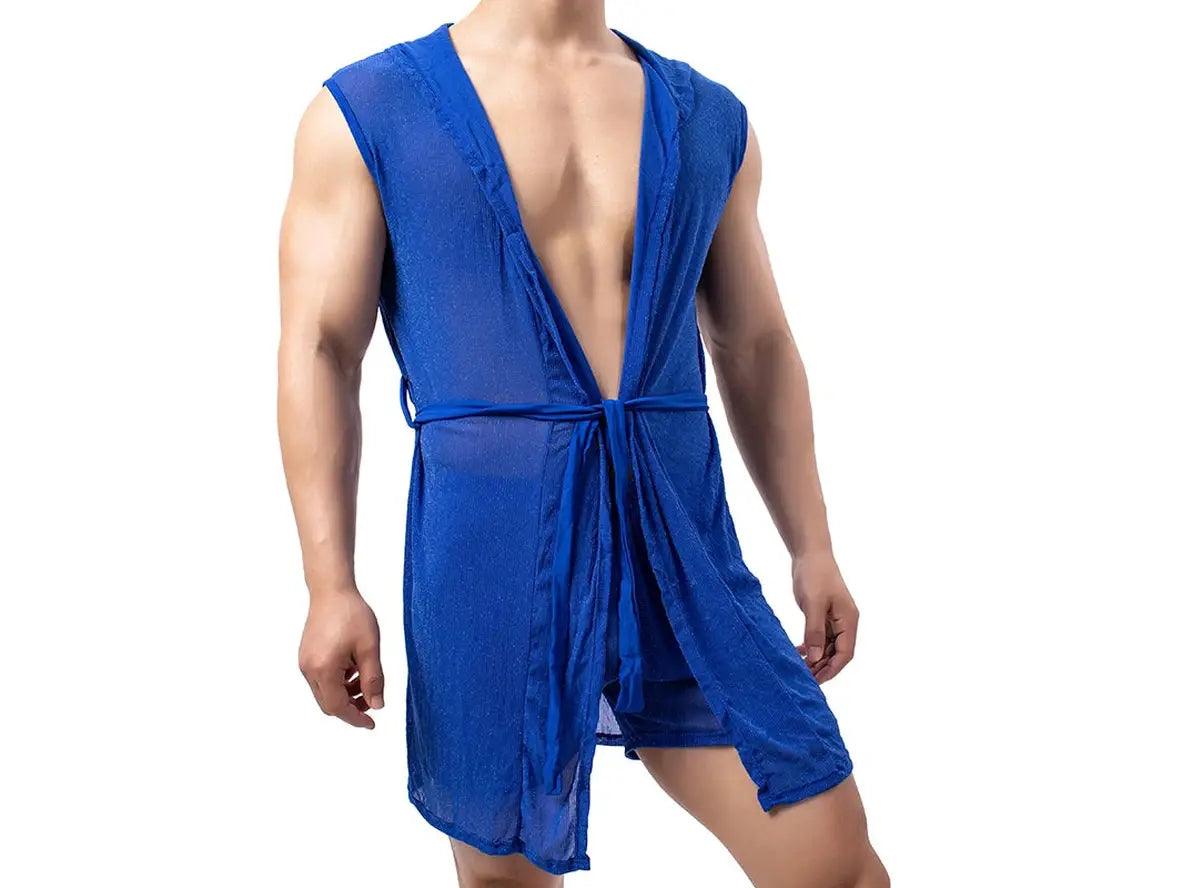 Gay Loungewear | Mesh Sleeveless Loose Hooded Bathrobe