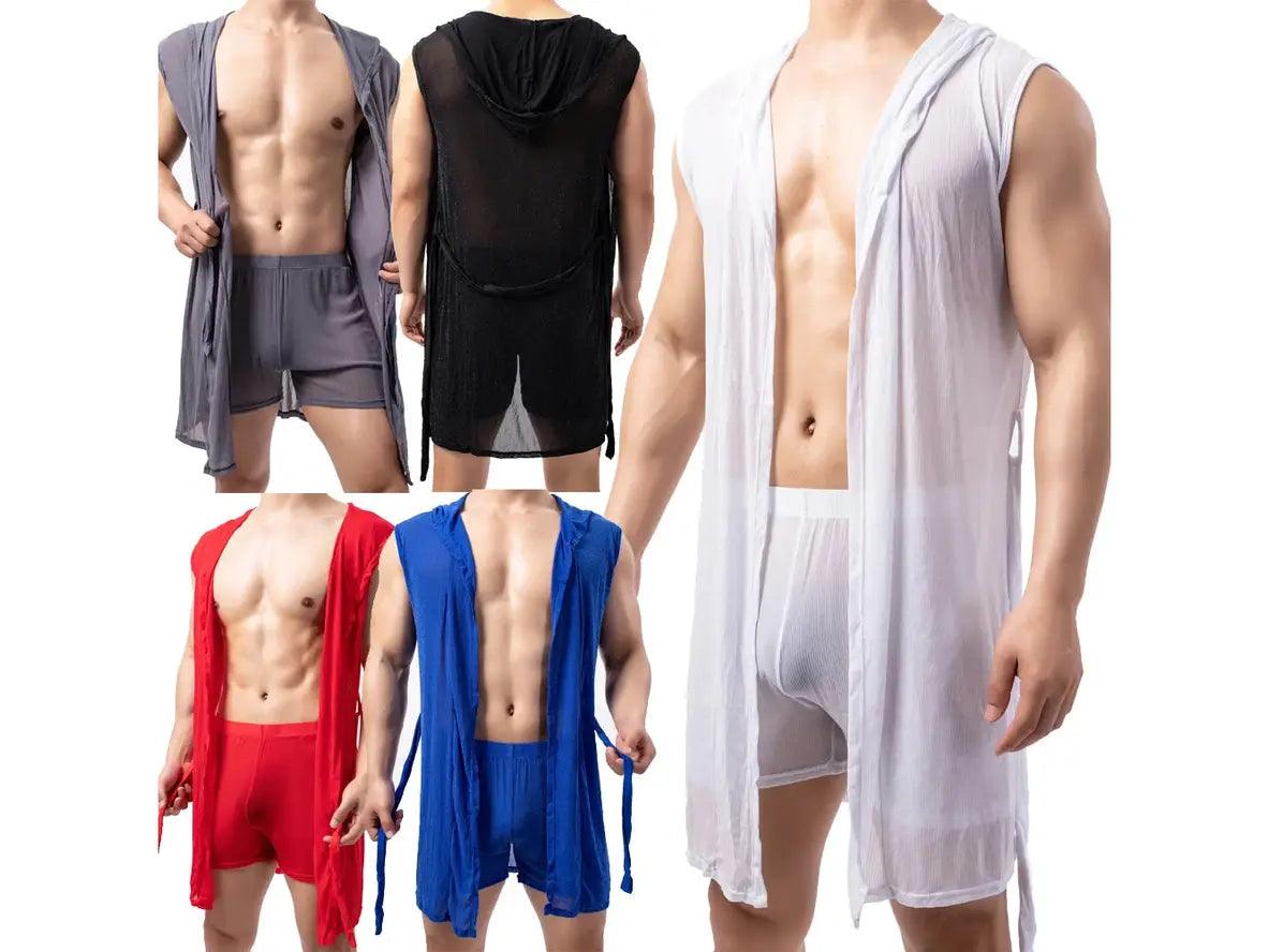Gay Loungewear | Mesh Sleeveless Loose Hooded Bathrobe