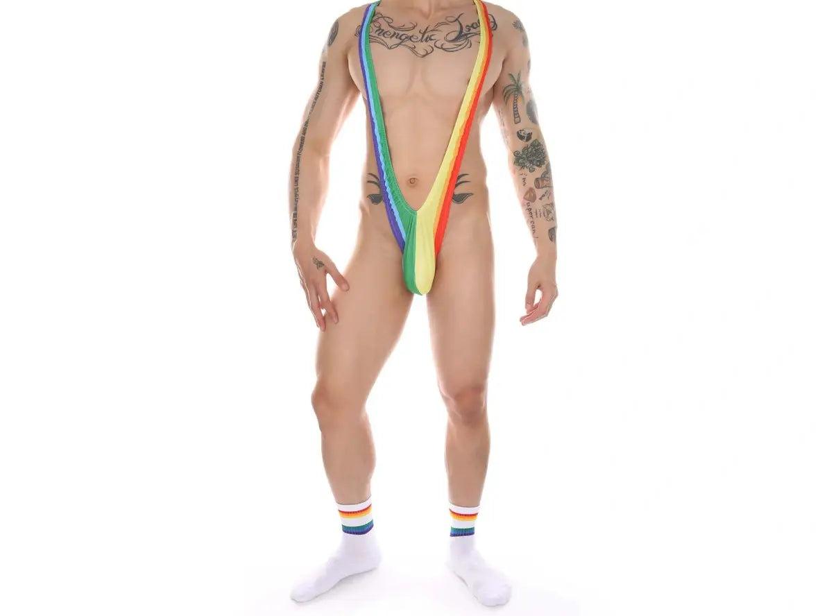 Rainbow striped men's mankini with deep V-neck and wide straps