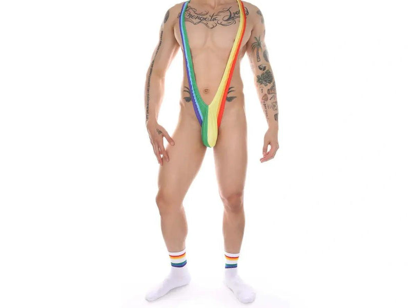 Rainbow striped men's mankini with deep V-neck and wide straps
