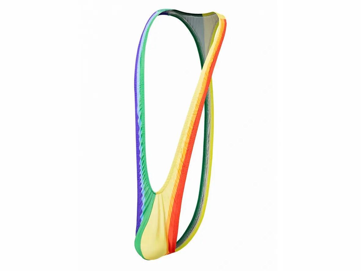 Flat lay of rainbow striped men's swimwear with gray mesh lining