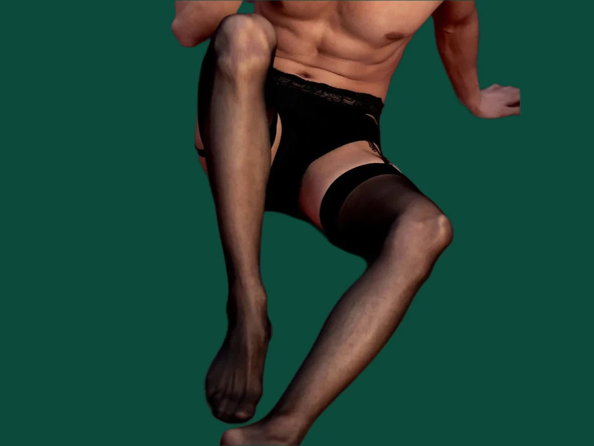 Men's sheer black garter belt and thigh-highs with adjustable straps