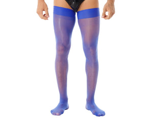 Gay Pantyhose | Shiny Seamless Glossy Thigh High Stockings - Royal Blue / One Size Weight 110-198lbs
