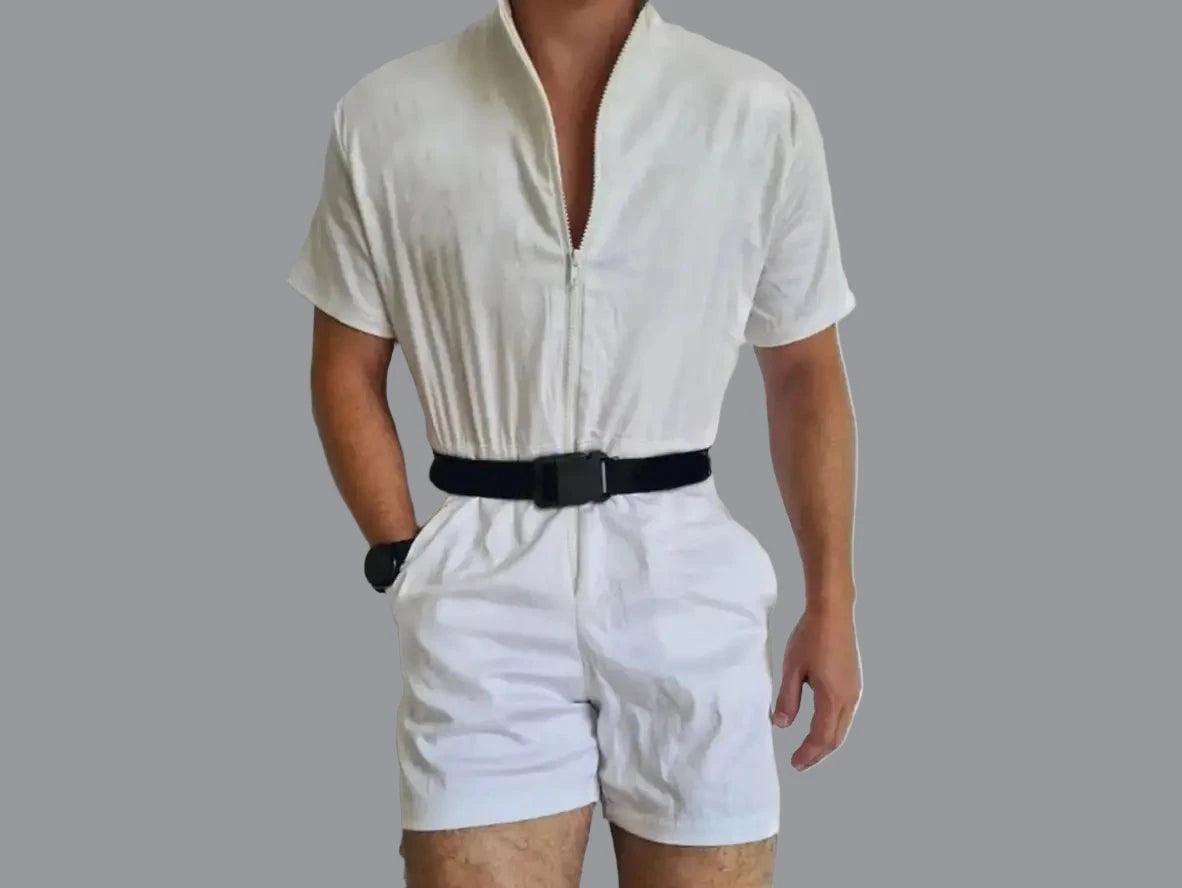 White men's short sleeve romper with side pockets and wristwatch detail