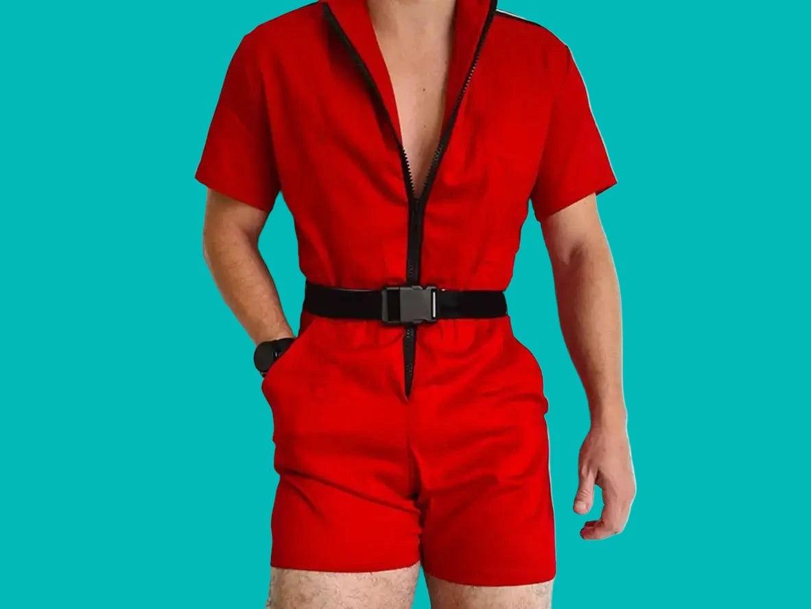 Red men's short sleeve front zipper romper with loose fit and black belt