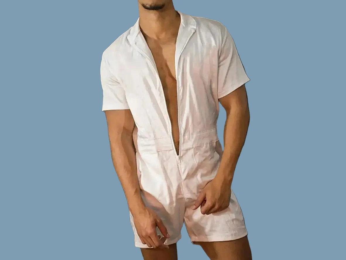 White men's loose fit romper with visible seams and front zipper closure