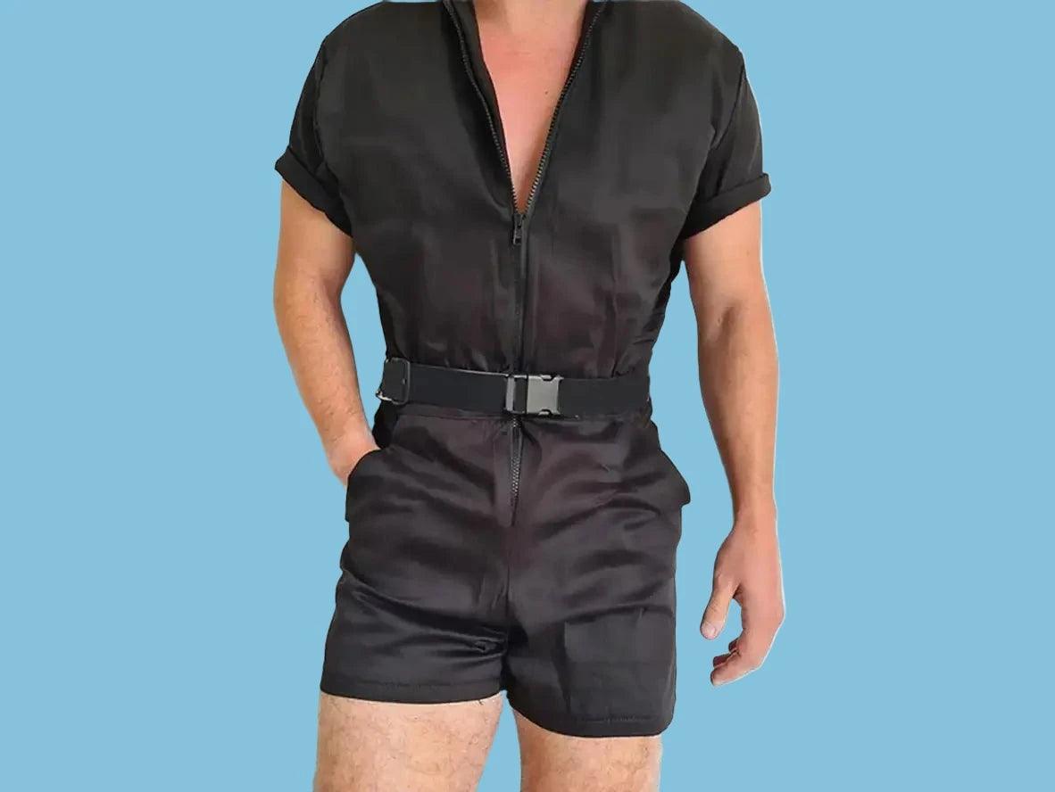 Black polyester men's romper with front zipper fly and silver buckle belt