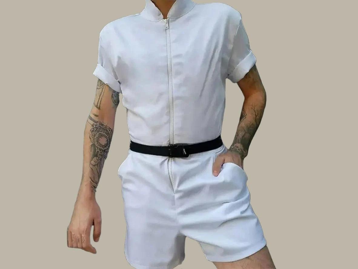 White men's casual romper with rolled sleeves, high collar and loose fit