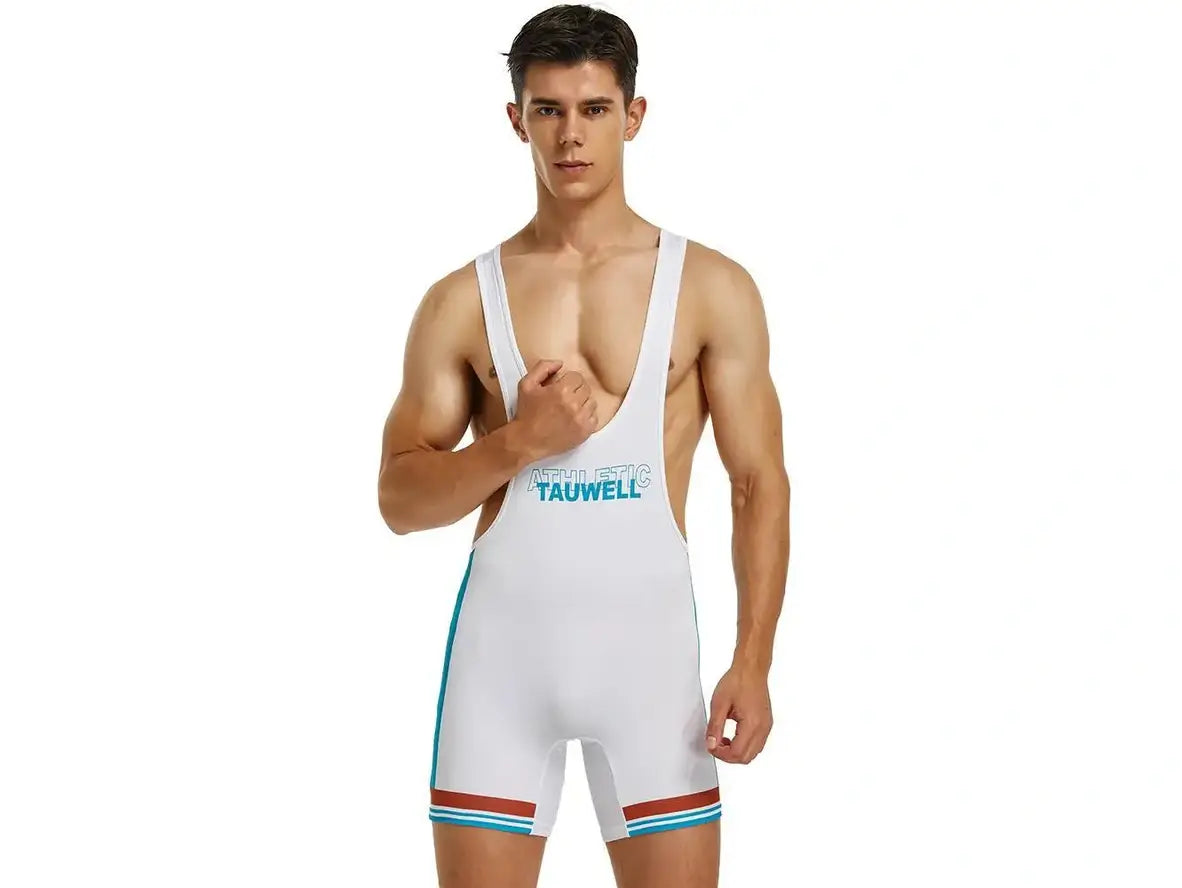 White TAUWELL gym singlet with deep V-neck and chest logo