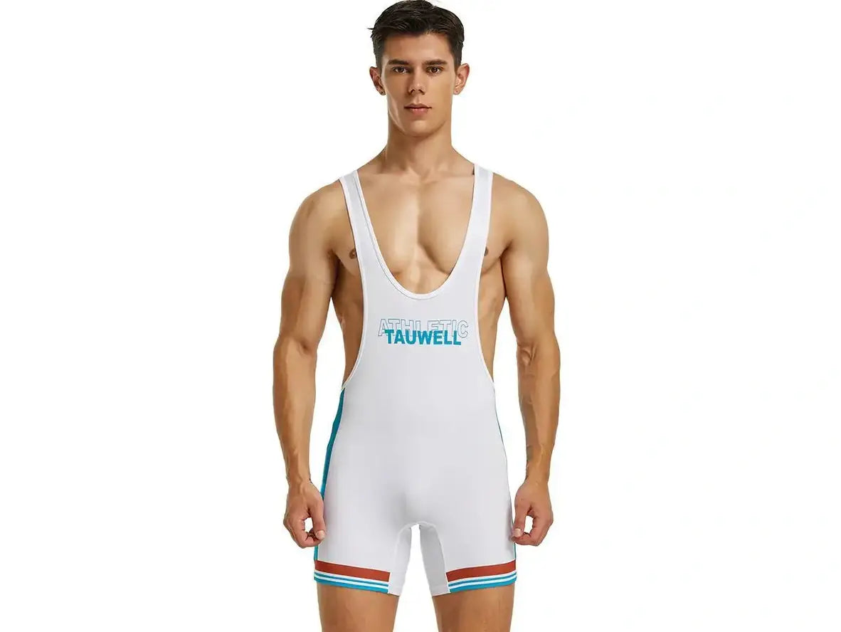 White TAUWELL athletic singlet with teal stripe and red hem for men
