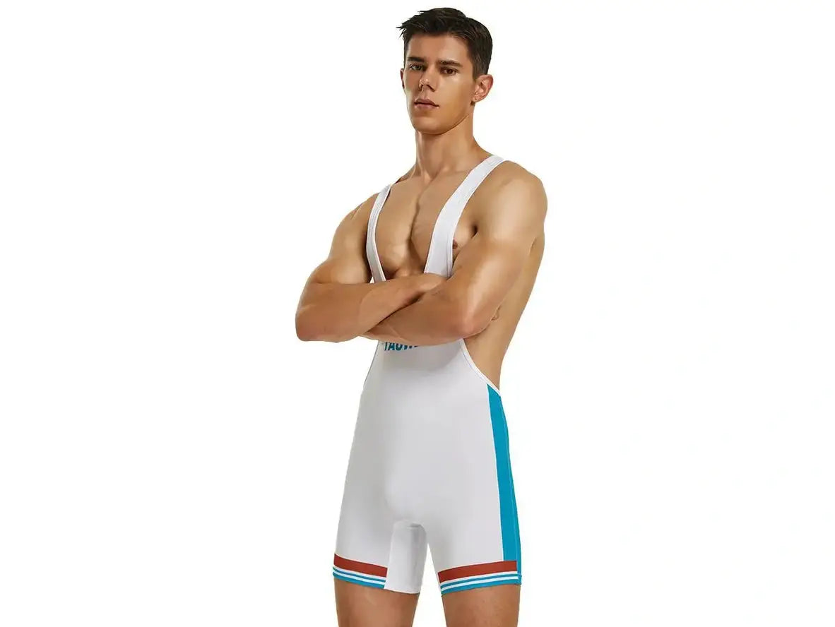 Men's white form-fitting sports singlet showing side profile fit