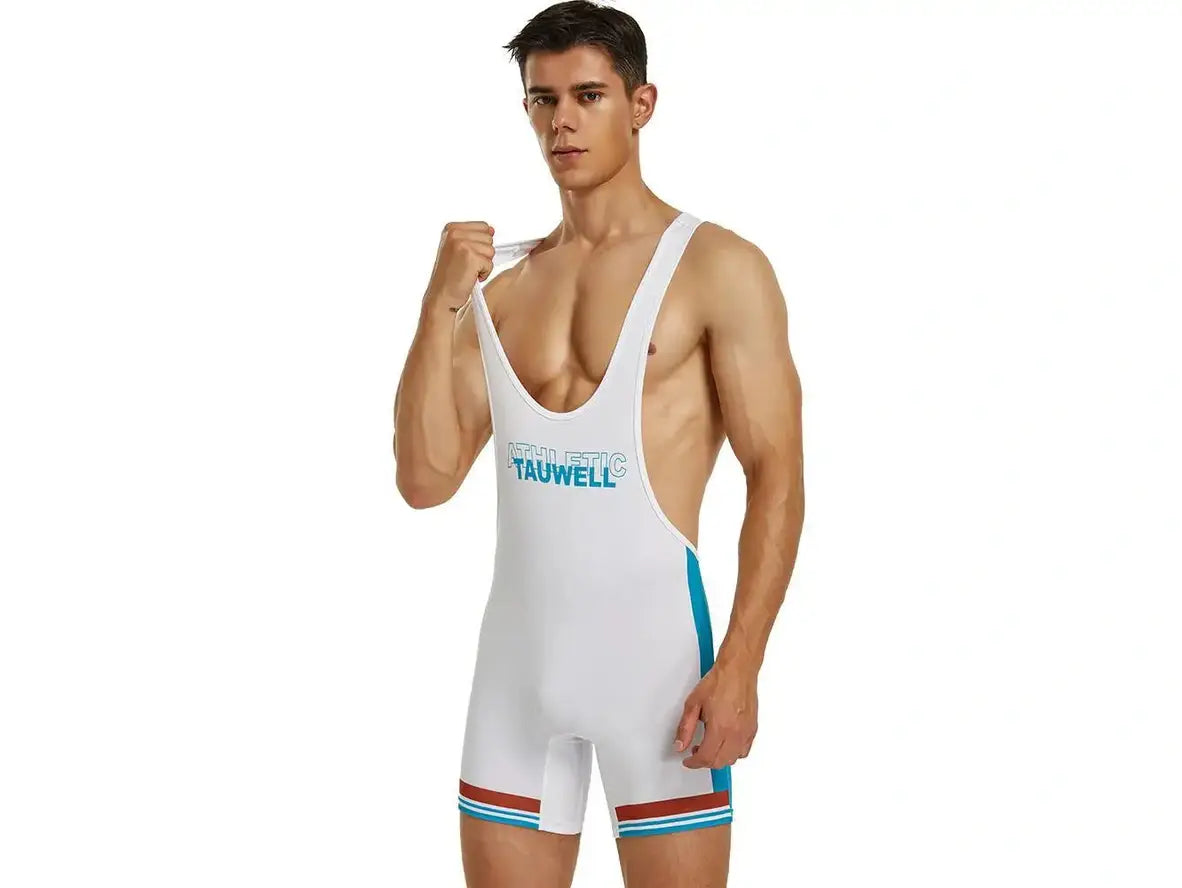 White singlet with blue panels and red white blue leg trim