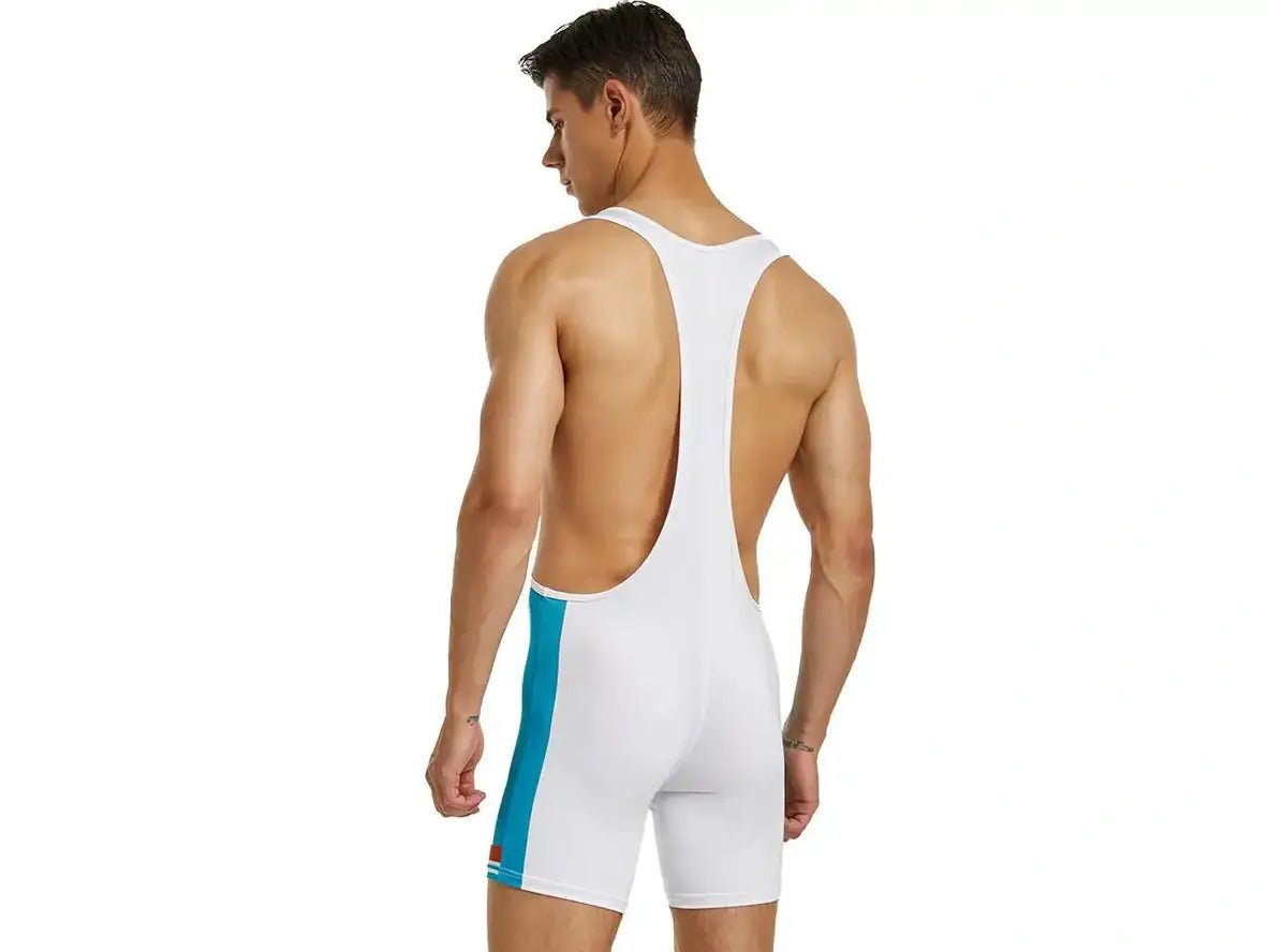 White men's workout singlet featuring large open back cutout
