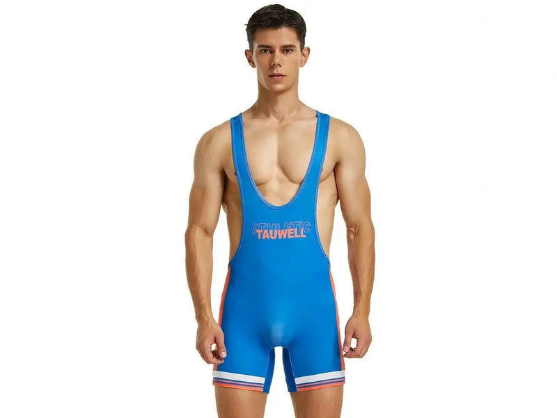 Blue and orange striped trim athletic singlet with deep V-neck