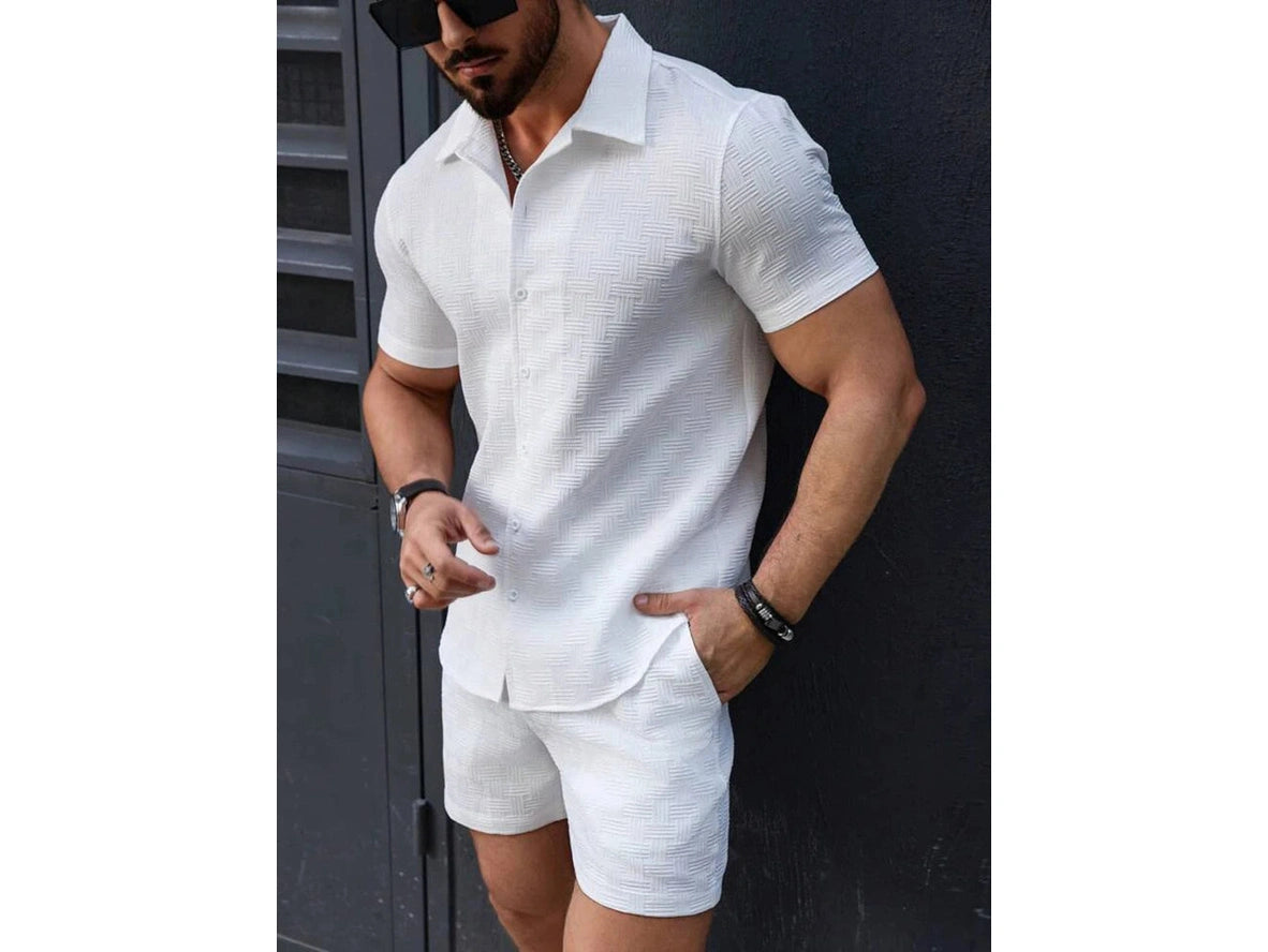White textured woven short sleeve shirt and shorts outfit