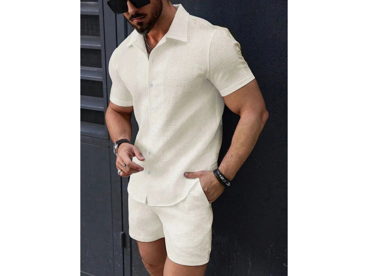 Cream textured short sleeve shirt and shorts set for men