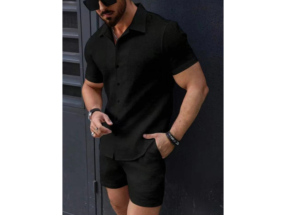 Black textured short sleeve shirt and shorts set for men