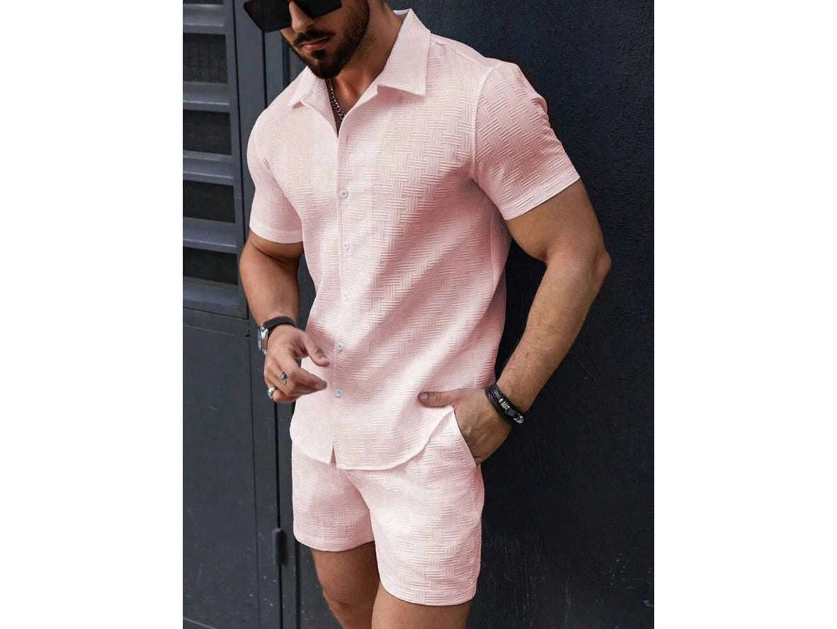 Light pink textured button-up shirt and shorts matching set