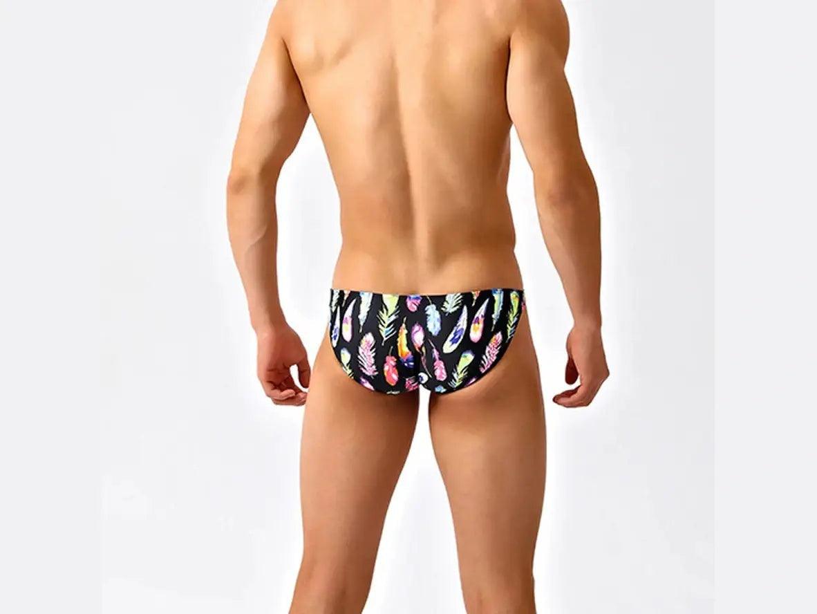 Gay Swim Bikinis | Black Feather Print Tight Low-Rise Swim Bikinis