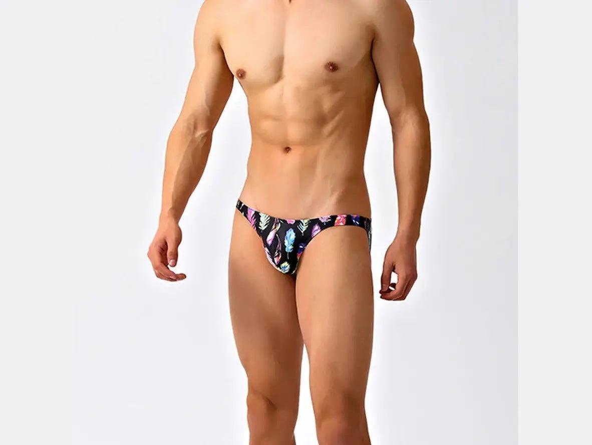 Gay Swim Bikinis | Black Feather Print Tight Low-Rise Swim Bikinis