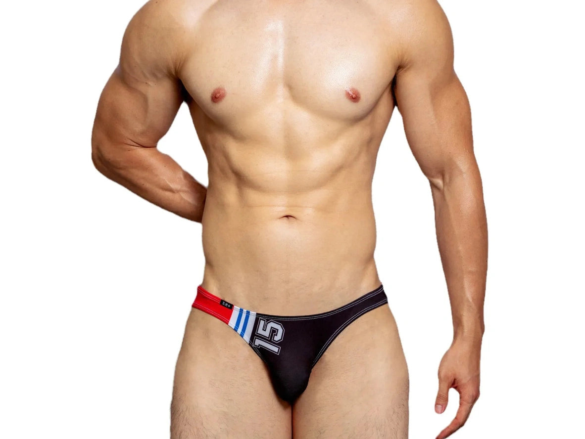 Black D.M ultra low-rise swim bikini bottom with red white blue stripes and number 15