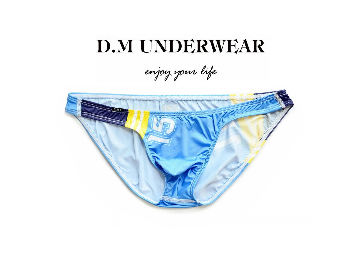 Blue D.M ultra low-rise swim bikini bottom with yellow stripes and number 15 detail