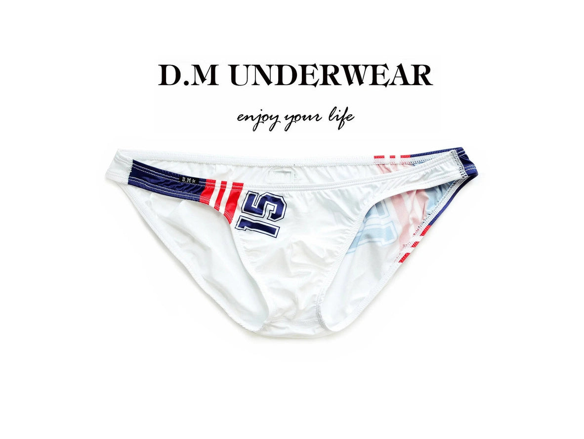 Flat lay white D.M ultra low-rise swim bikini bottom with navy red stripes and logo