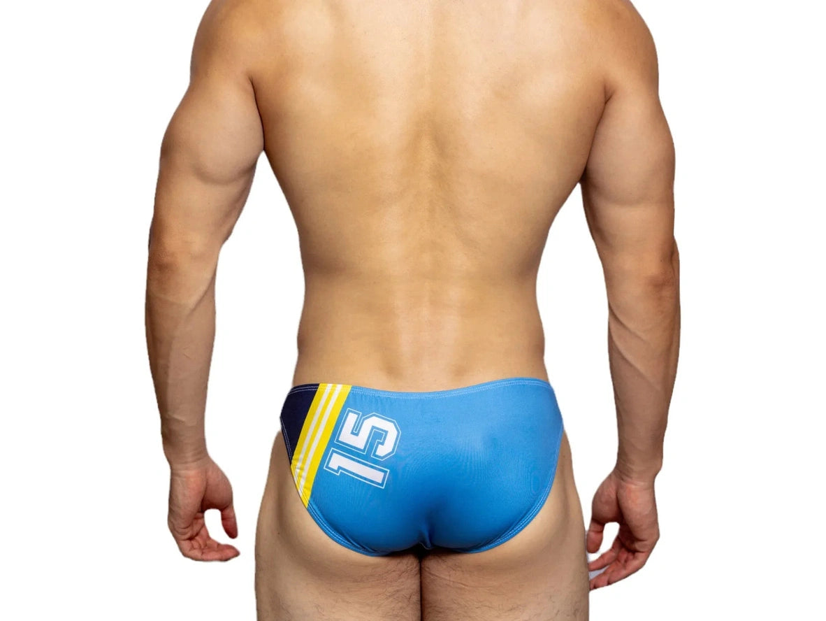 Back view of blue D.M ultra low-rise swim bikini showing number 15 and striped panel