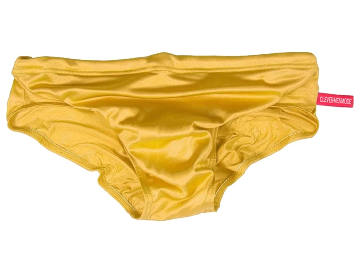 Yellow CLEVER-MENMODE nylon swim brief flat lay product shot