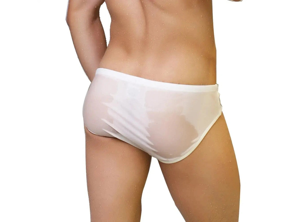 White transparent mesh low-rise gay swim briefs back view