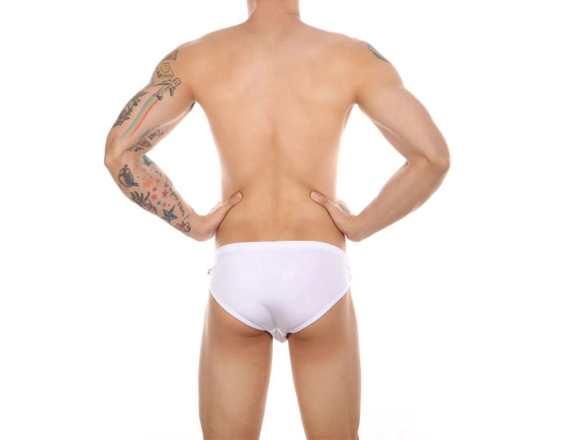 White low-rise swim briefs back view showing snug fit