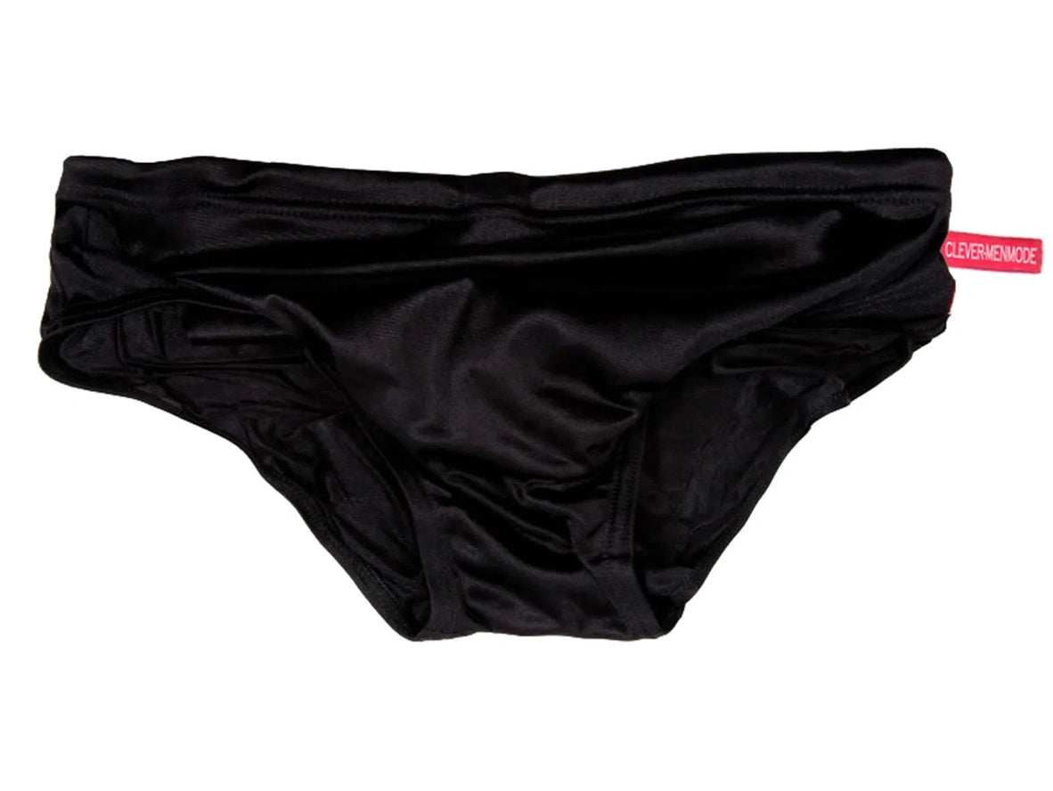 Black low-rise swim briefs flat lay with contoured pouch