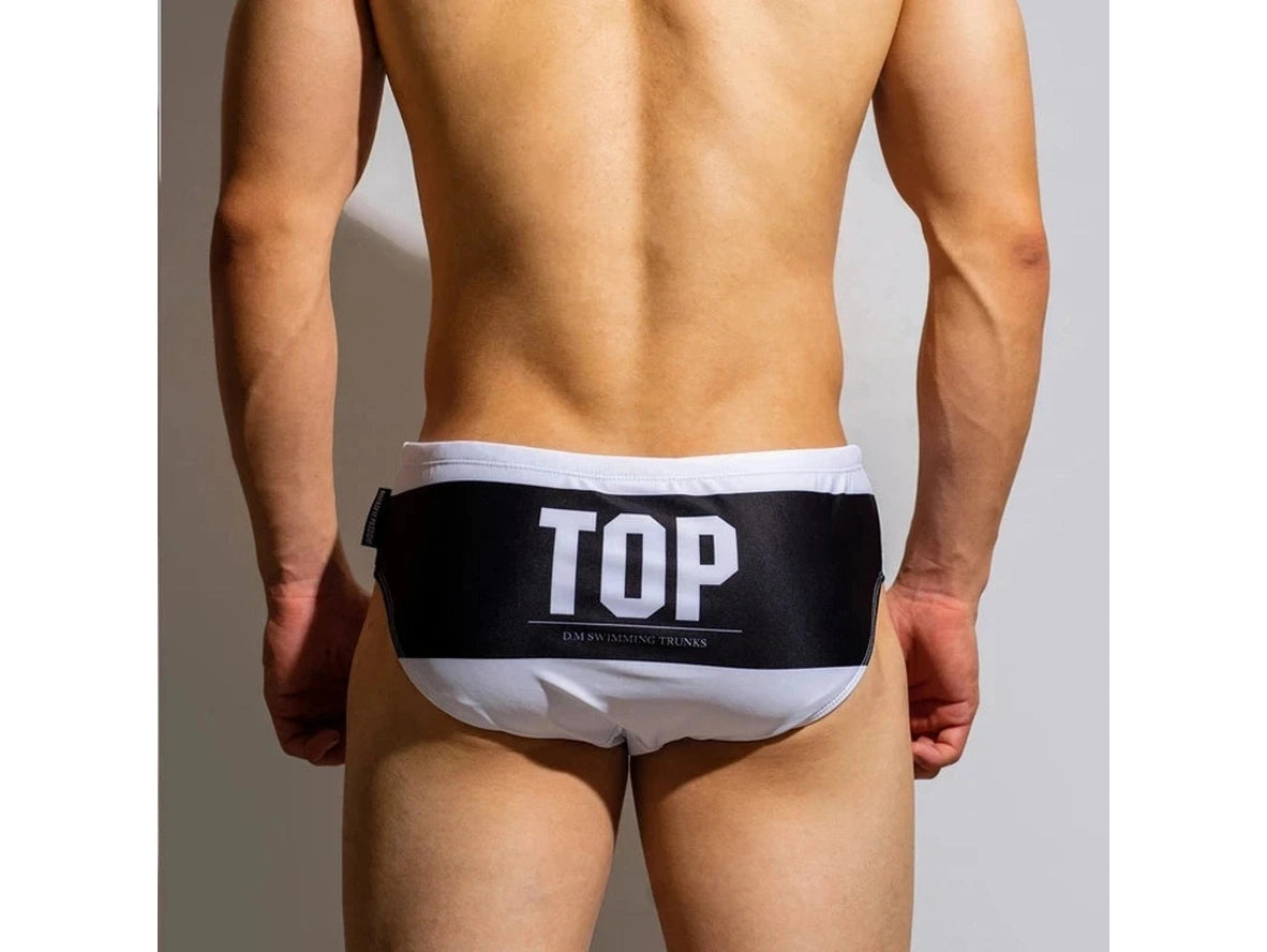 White men's swim briefs black waistband TOP lettering back view model