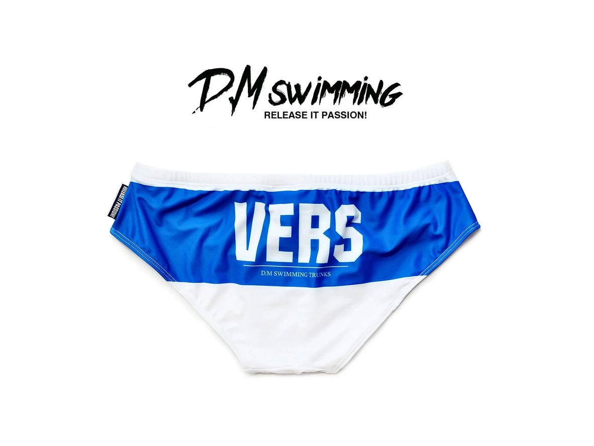 White men's swim briefs royal blue waistband VERS text flat lay