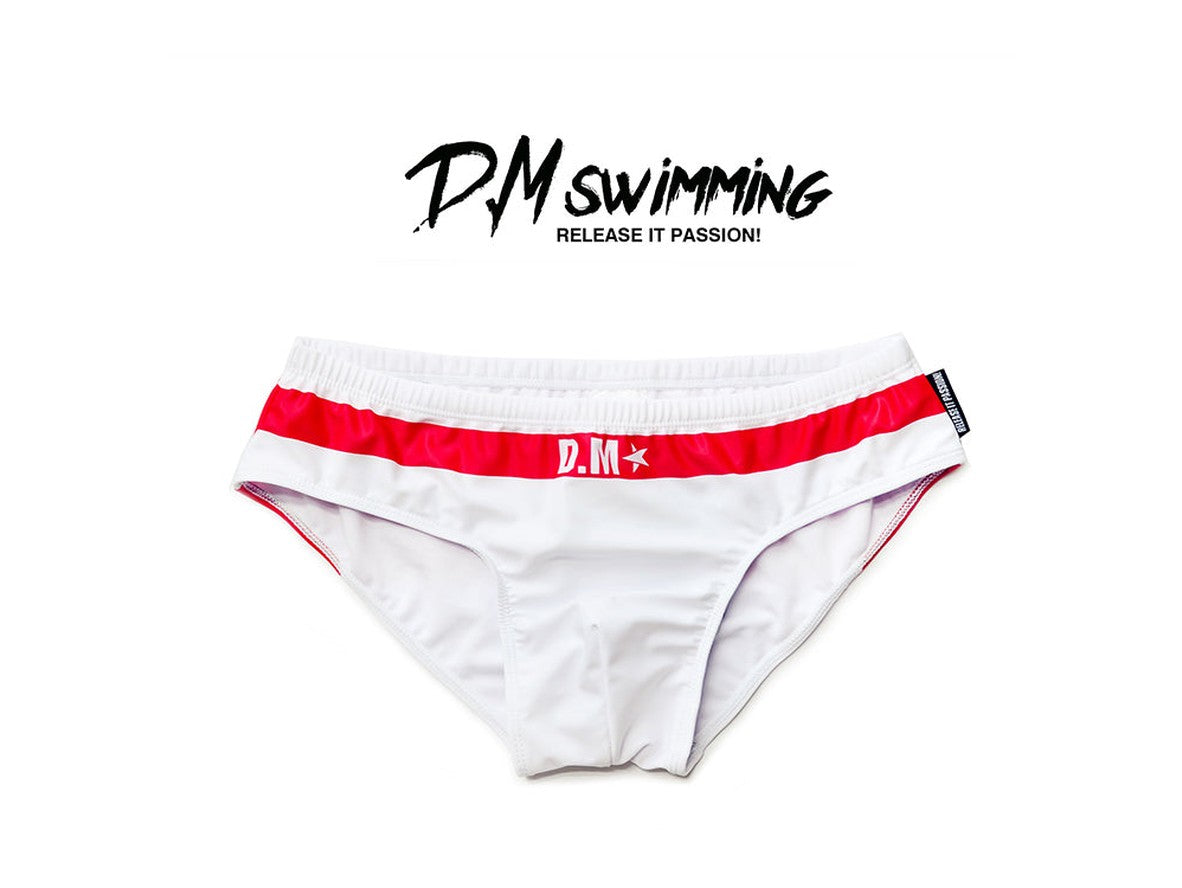 White D.M swim briefs red waistband with star logo flat lay