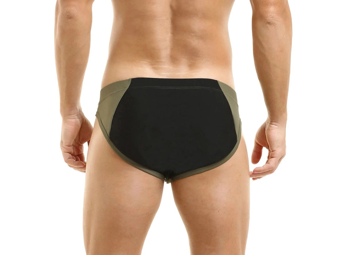 Black and olive green rear view of men's swim briefs